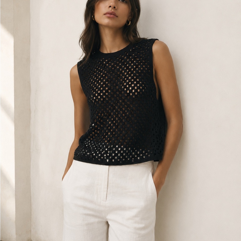 Theory Sleeveless Black Crochet Tank Top Sz M